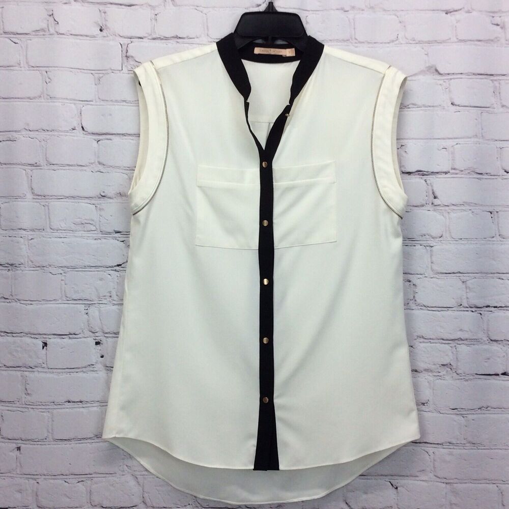 Gibson Latimer Button Up Blouse Women's Size M Ivory/Black Exposed Zipper Trim